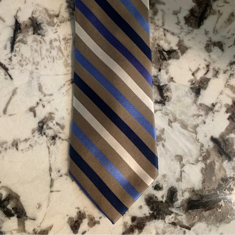Repp Tie Chaps 100% Silk Stripe Tie - Blues Cream Khaki - Picture 6 of 6